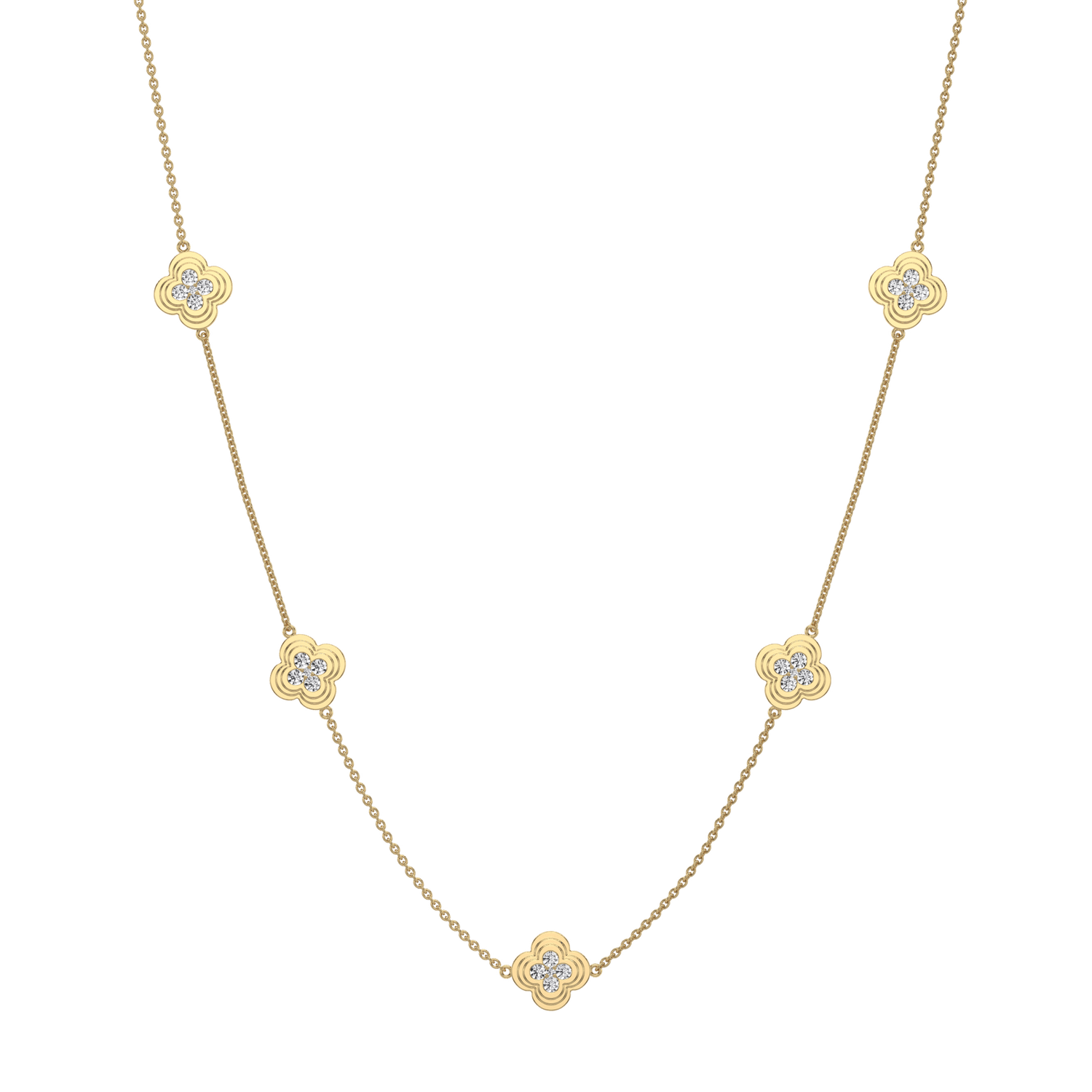 Lab Grown Diamond Clover Station Necklace In 14K Solid Gold/Platinum - Necklaces