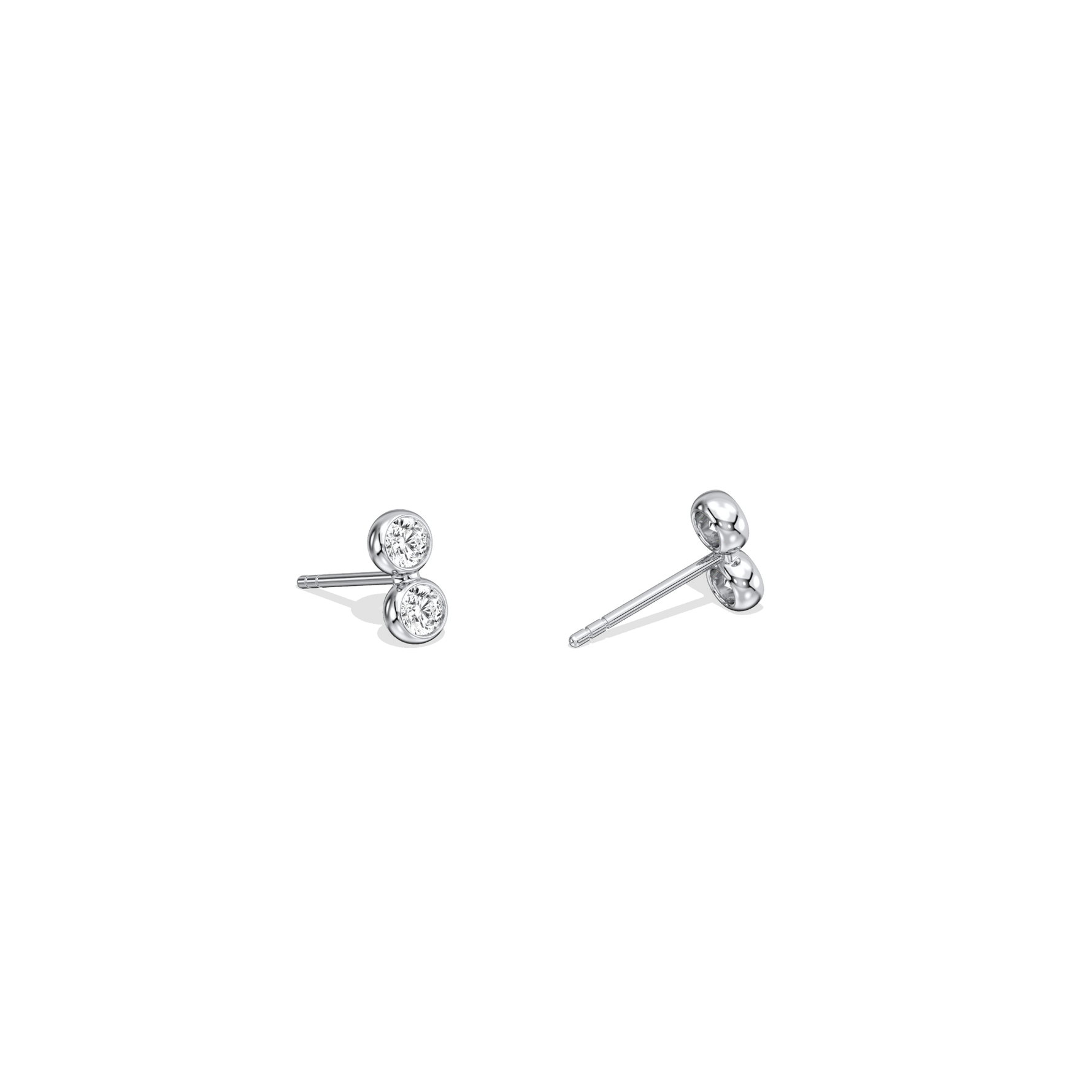 14K Solid Gold Double Diamond Petite Stud Earrings - 