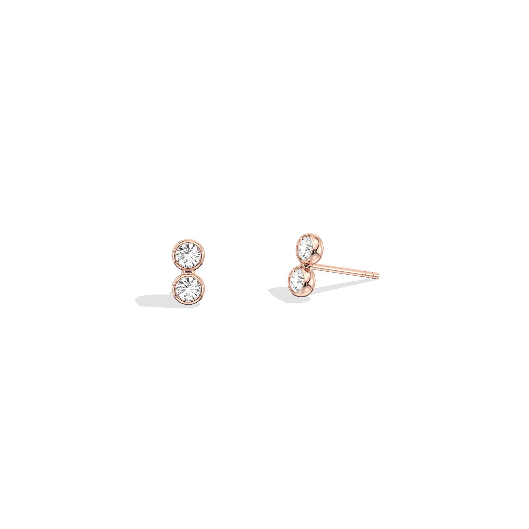 14K Solid Gold Double Diamond Petite Stud Earrings - 