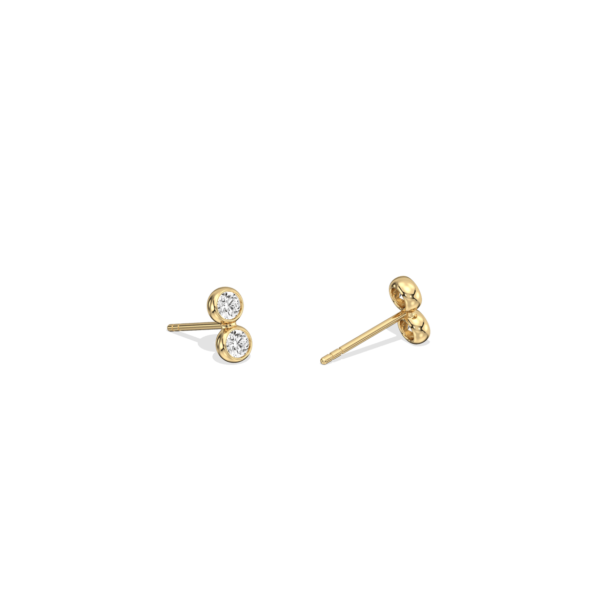 14K Solid Gold Double Diamond Petite Stud Earrings - 