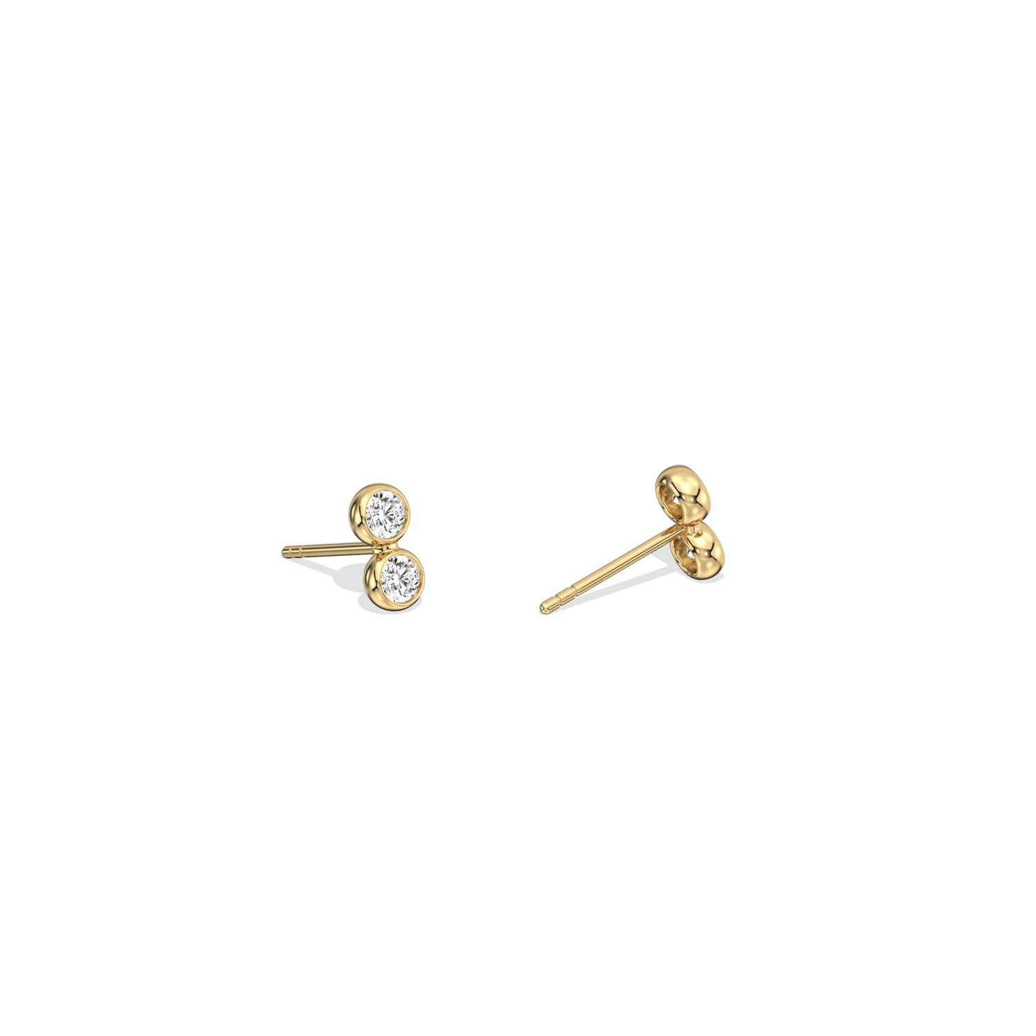 14K Solid Gold Double Diamond Petite Stud Earrings - 