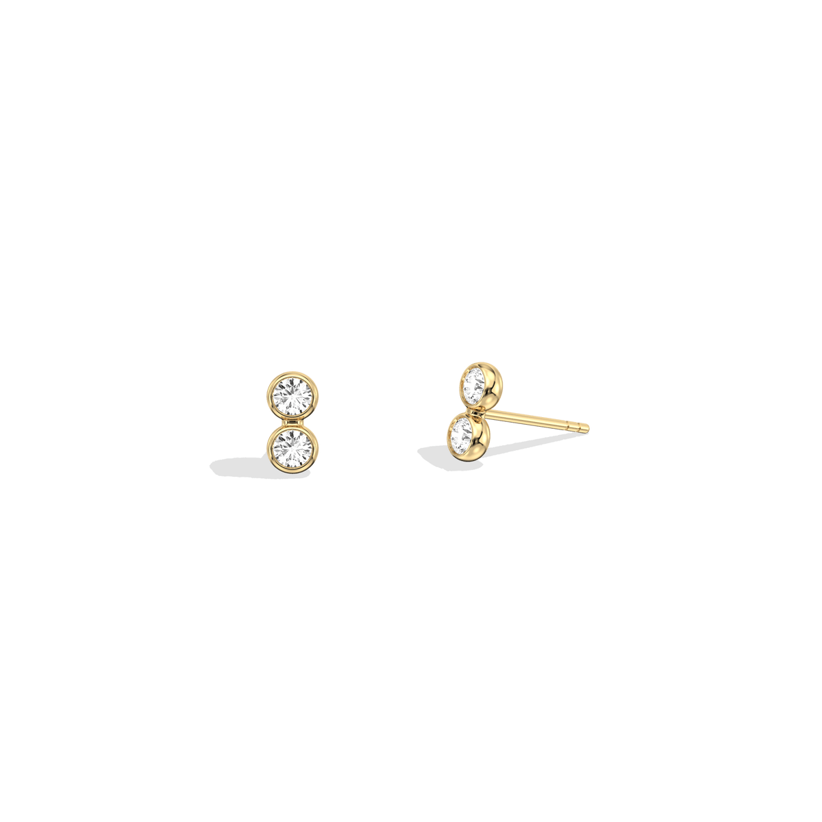 14K Solid Gold Double Diamond Petite Stud Earrings - 