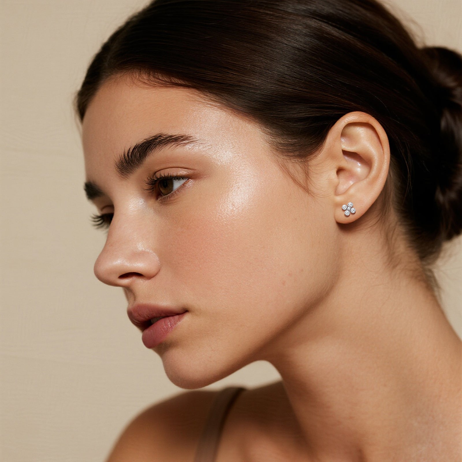 14K Solid Gold Bezel Cluster Stud Earring With Lab Diamond - 