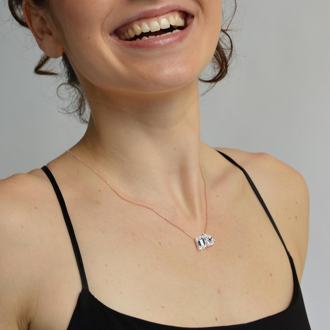 6CTW Emerald and Pear Cut Lab Diamond Toi et Moi Necklace - 