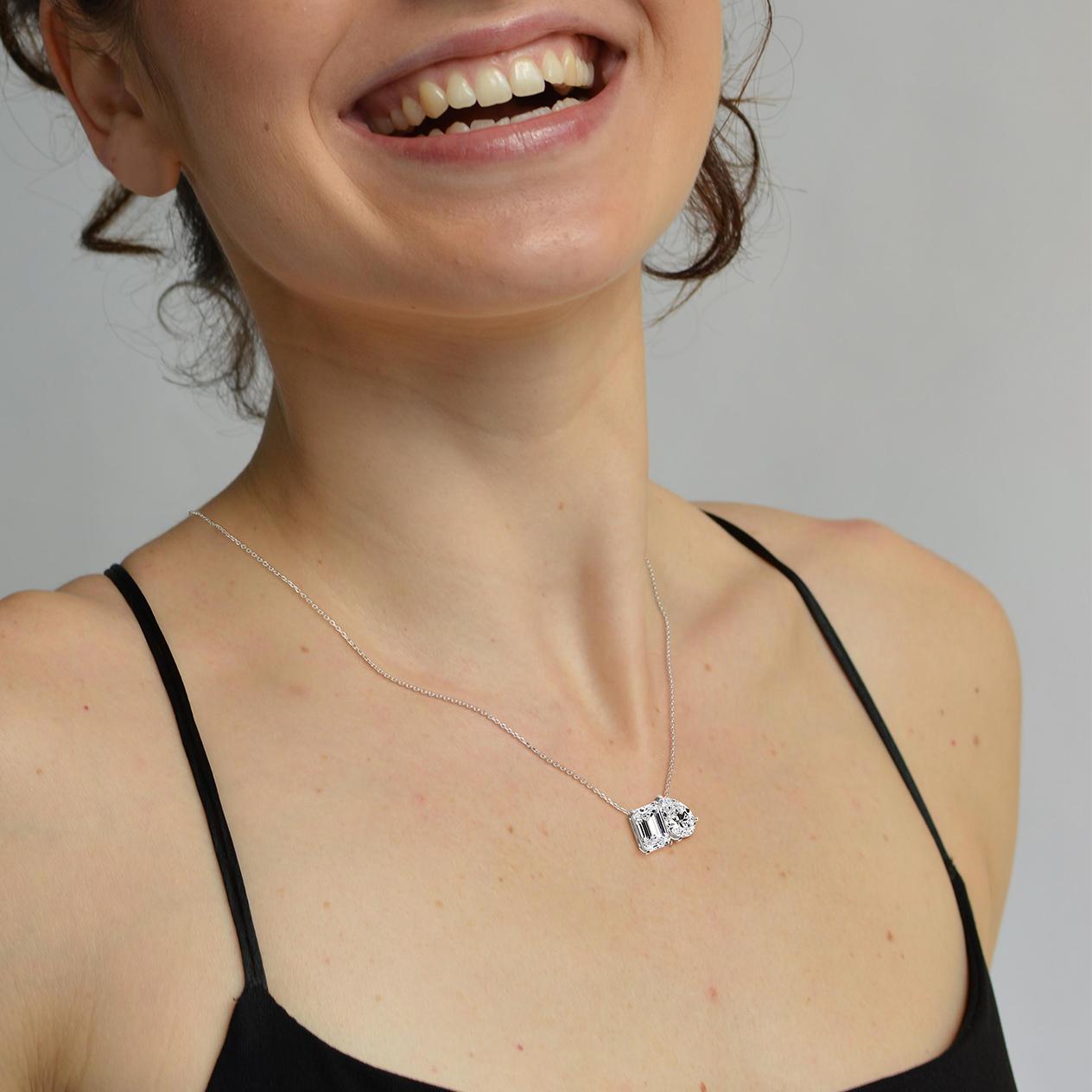 6CTW Emerald and Pear Cut Lab Diamond Toi et Moi Necklace - 