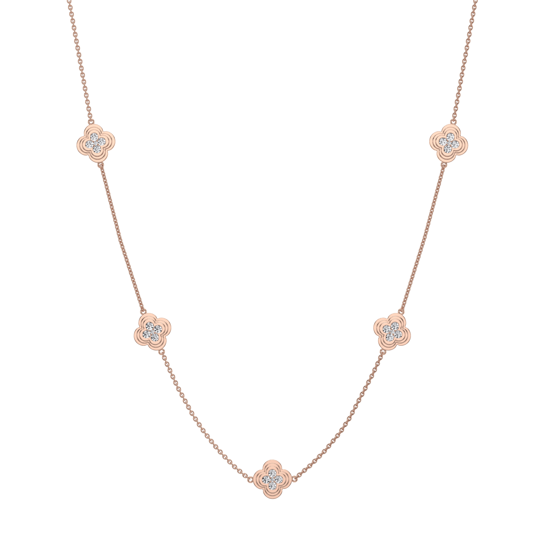 Lab Grown Diamond Clover Station Necklace In 14K Solid Gold/Platinum - Necklaces