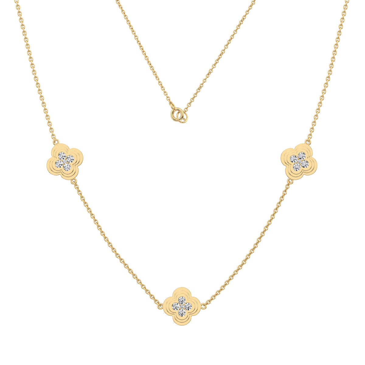 Lab Grown Diamond Clover Station Necklace In 14K Solid Gold/Platinum - Necklaces