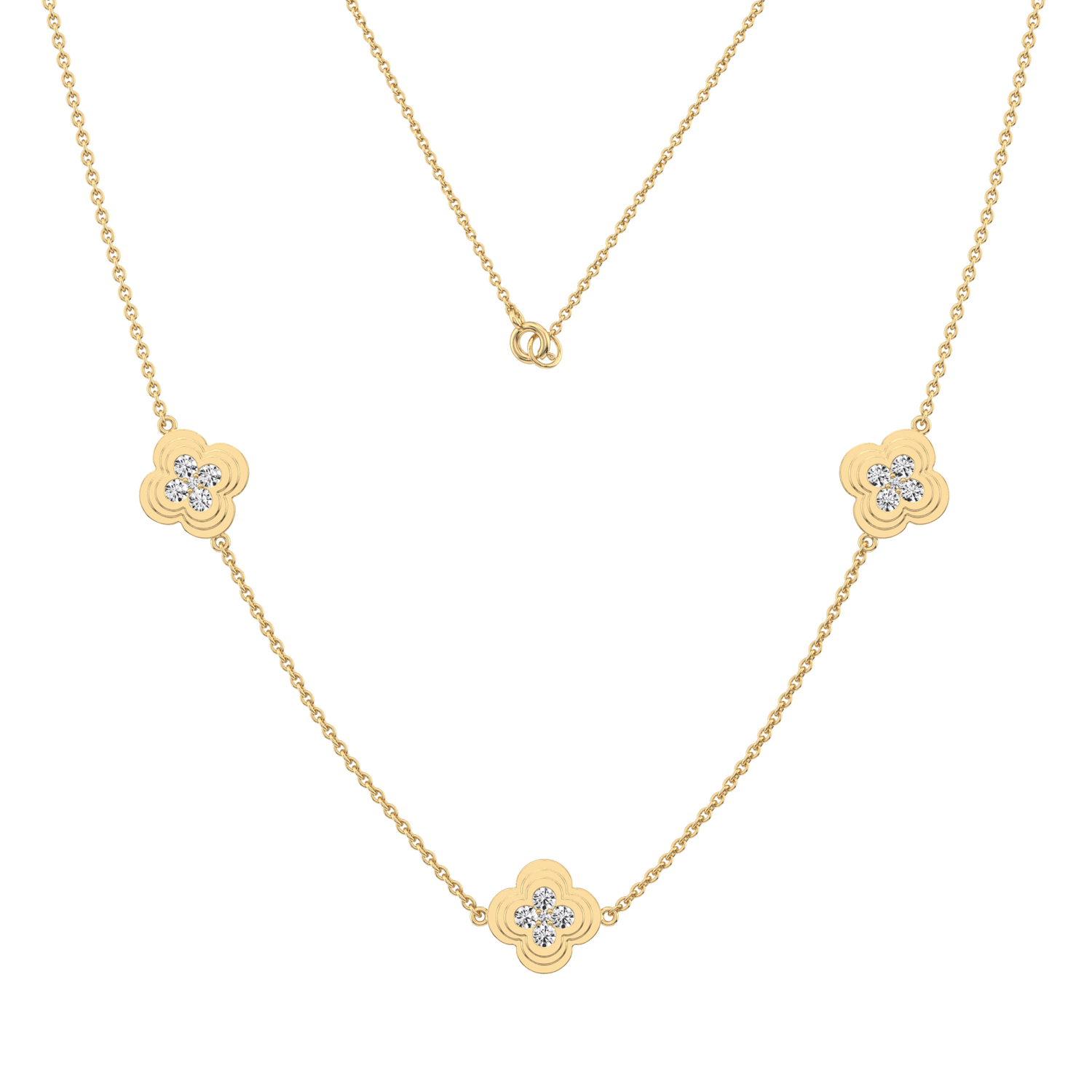 Lab Grown Diamond Clover Station Necklace In 14K Solid Gold/Platinum - Necklaces