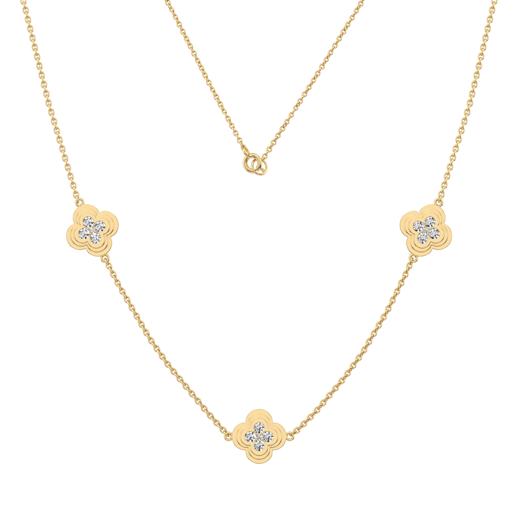 Lab Grown Diamond Clover Station Necklace In 14K Solid Gold/Platinum - Necklaces