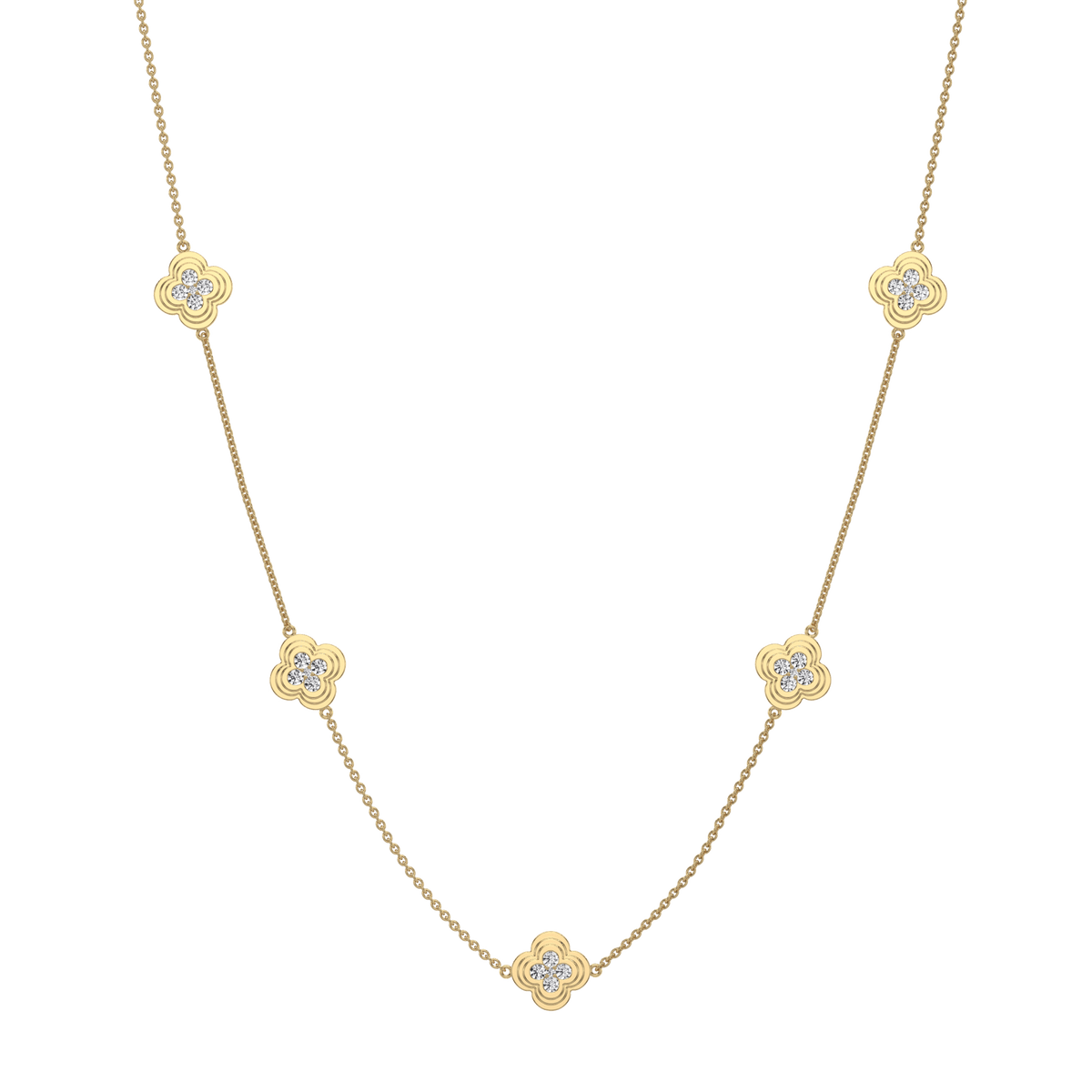 Lab Grown Diamond Clover Station Necklace In 14K Solid Gold/Platinum - Necklaces