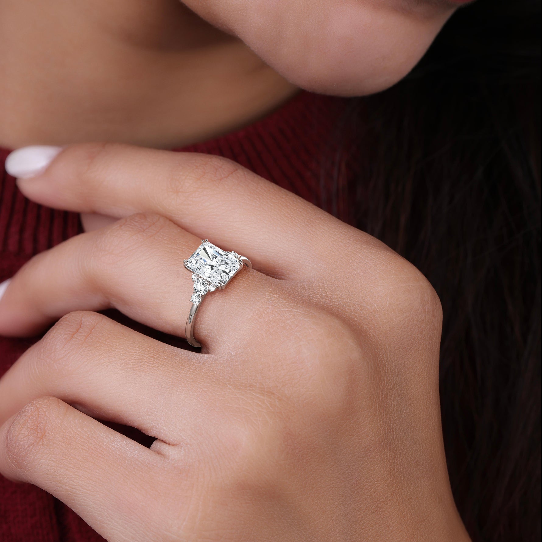 2CT Radiant Cut Lab Diamond Side Stone Engagement Ring - Rings