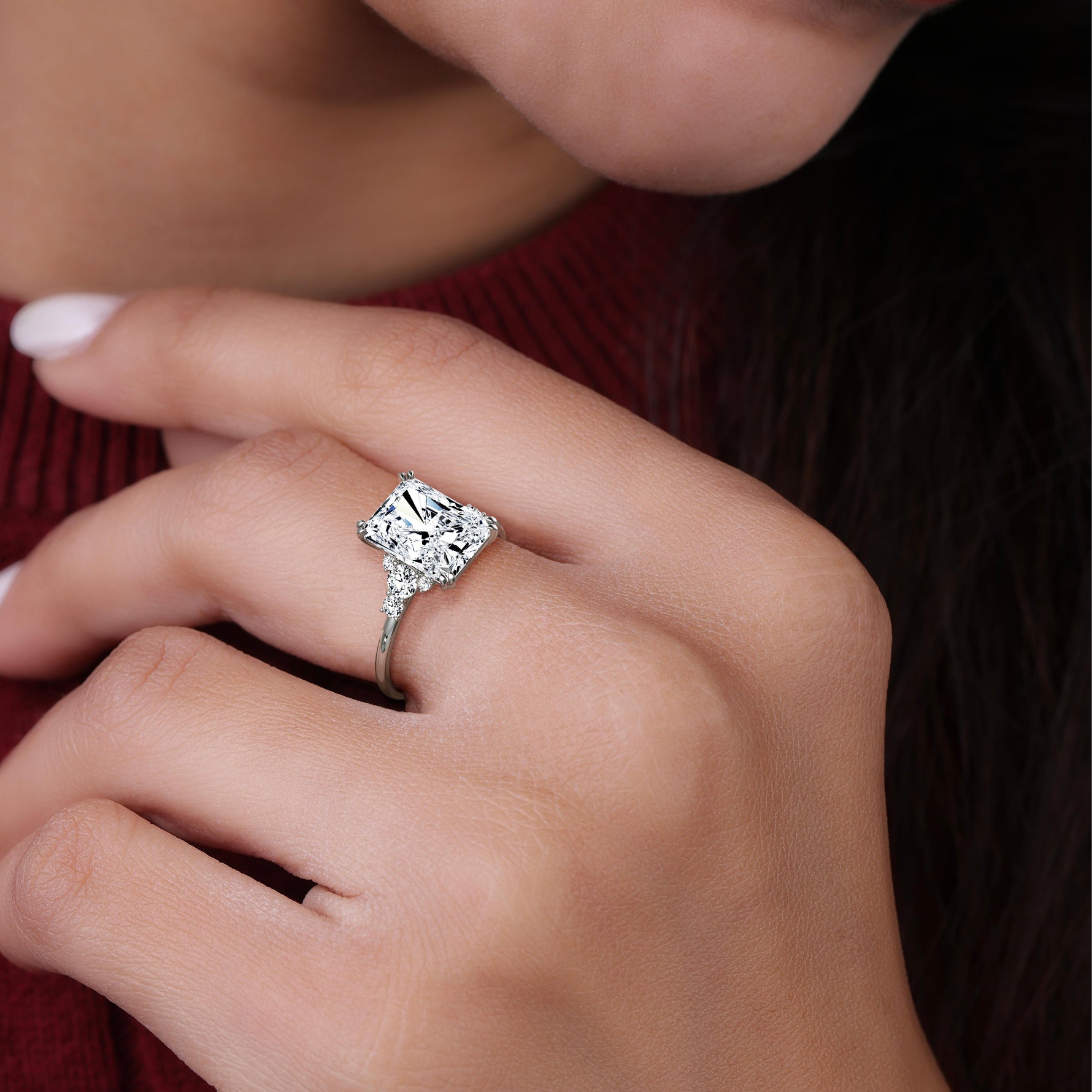 3CT Radiant Cut Lab Diamond Side Stone Engagement Ring - Rings