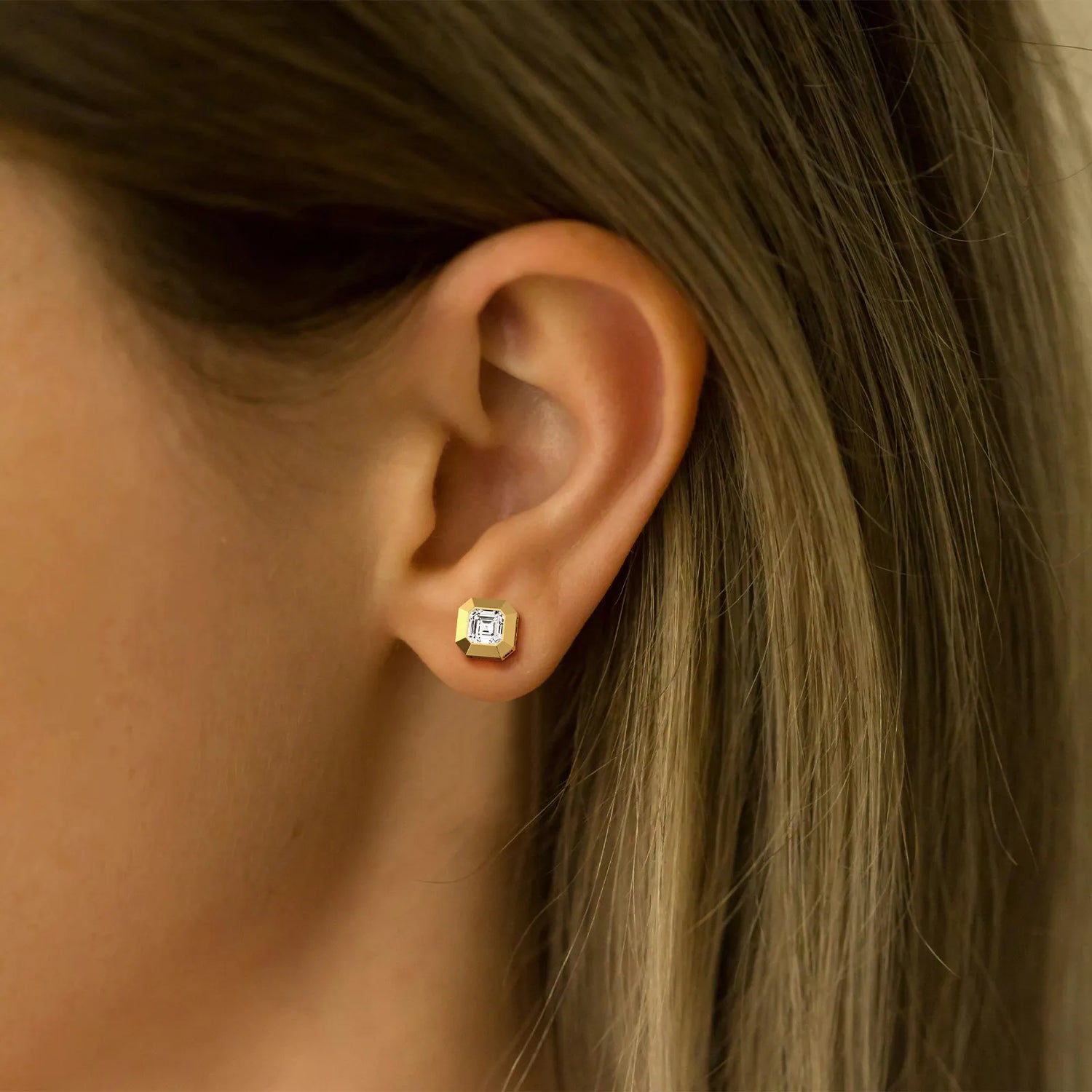 Ethical Lab Grown Asscher Cut Ear Studs In 14K Solid Gold/Platinum - Earrings