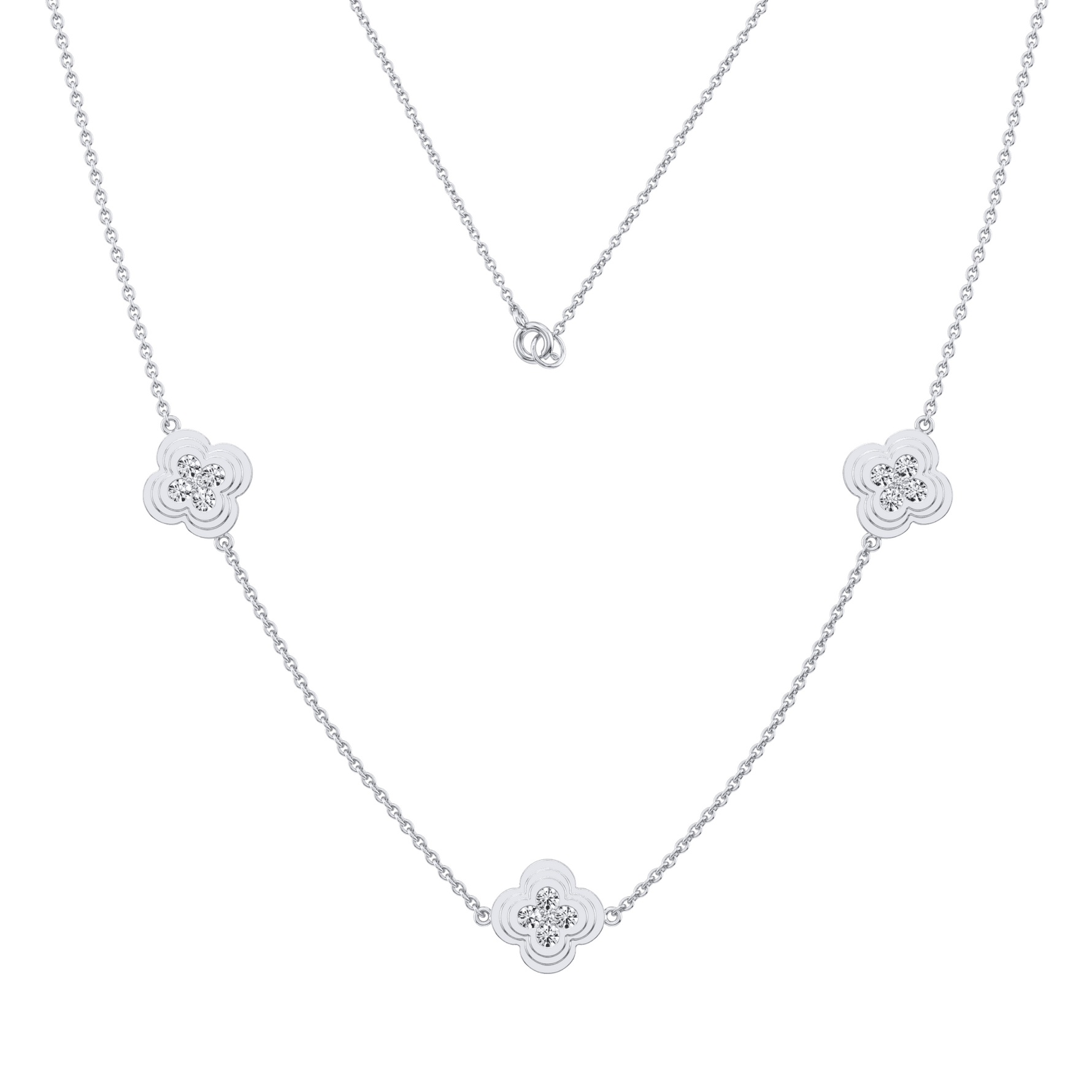 Lab Grown Diamond Clover Station Necklace In 14K Solid Gold/Platinum - Necklaces