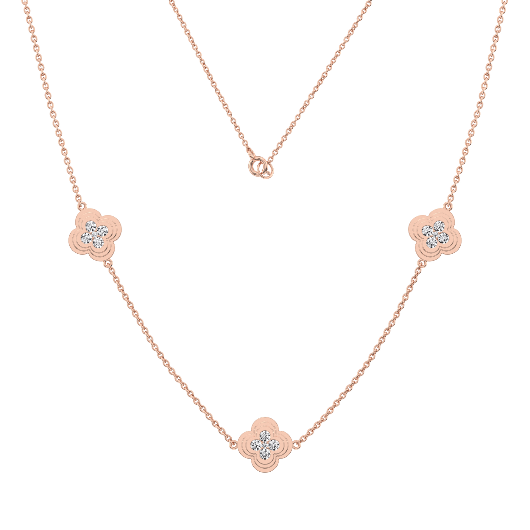 Lab Grown Diamond Clover Station Necklace In 14K Solid Gold/Platinum - Necklaces