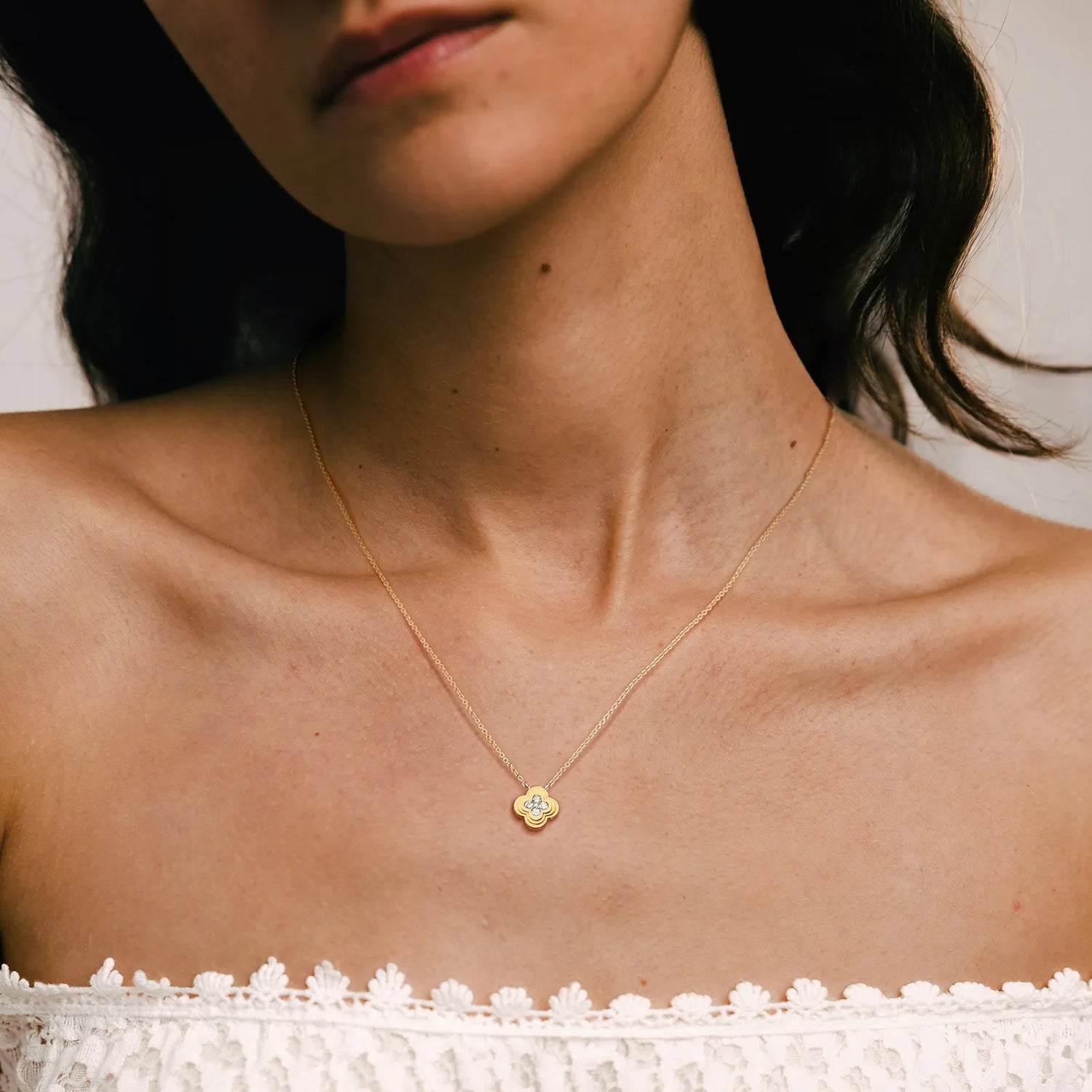Lab Grown Diamond Clover Necklace in 14K Solid Gold/Platinum - Necklaces
