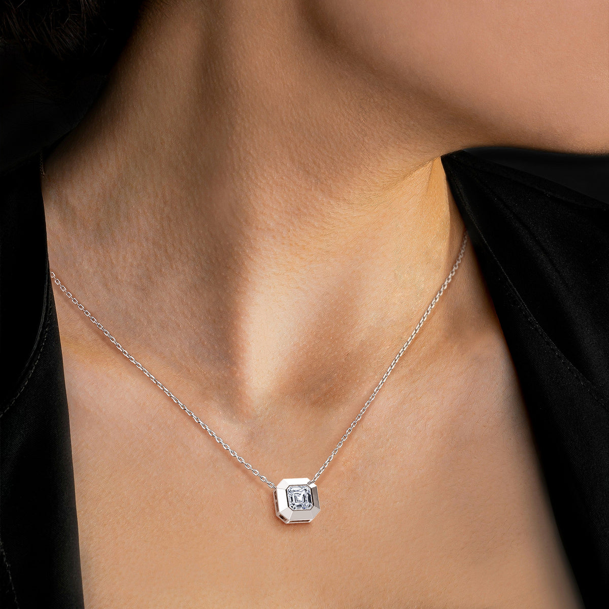 Lab Grown Asscher Cut Necklace In 14K Solid Gold/Platinum - Necklaces