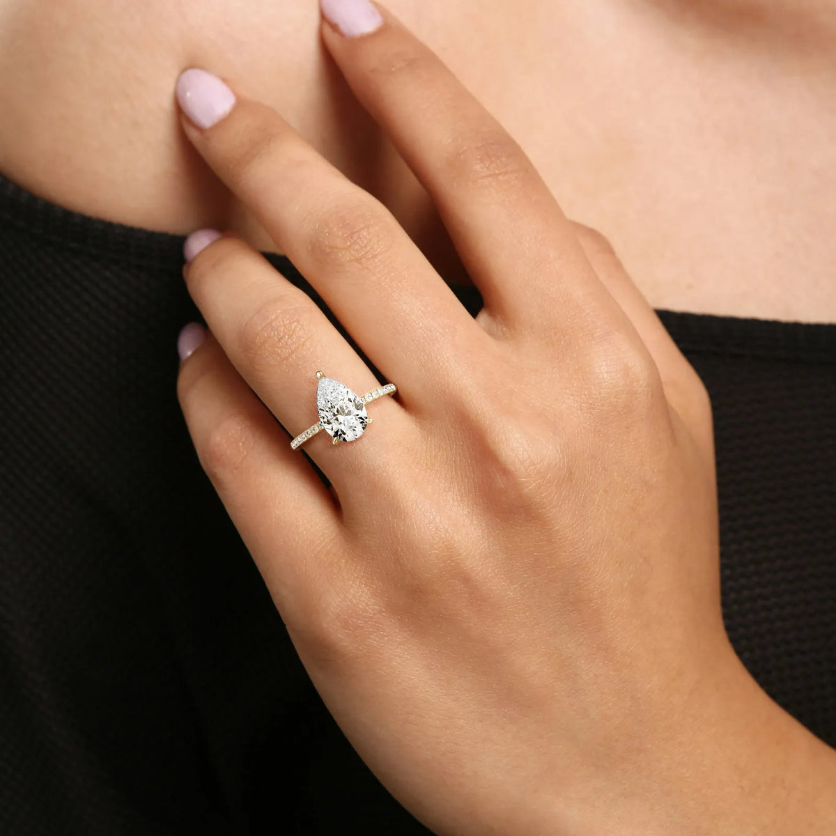 2CT Pear Lab Diamond Engagement Ring–Pave Band in 14K Gold - Rings