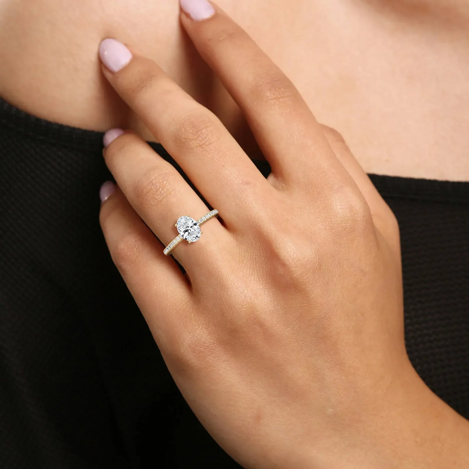 Oval Cut Pave Solitaire 1CT Lab Grown Engagement Ring - Rings