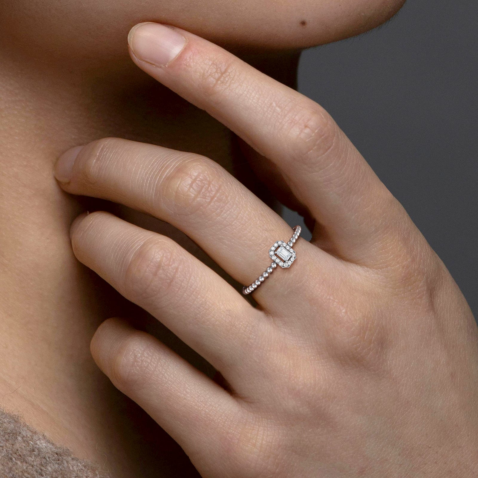 Beaded Emerald Cut Lab Diamond Ring In 14K Solid Gold/Platinum - Rings