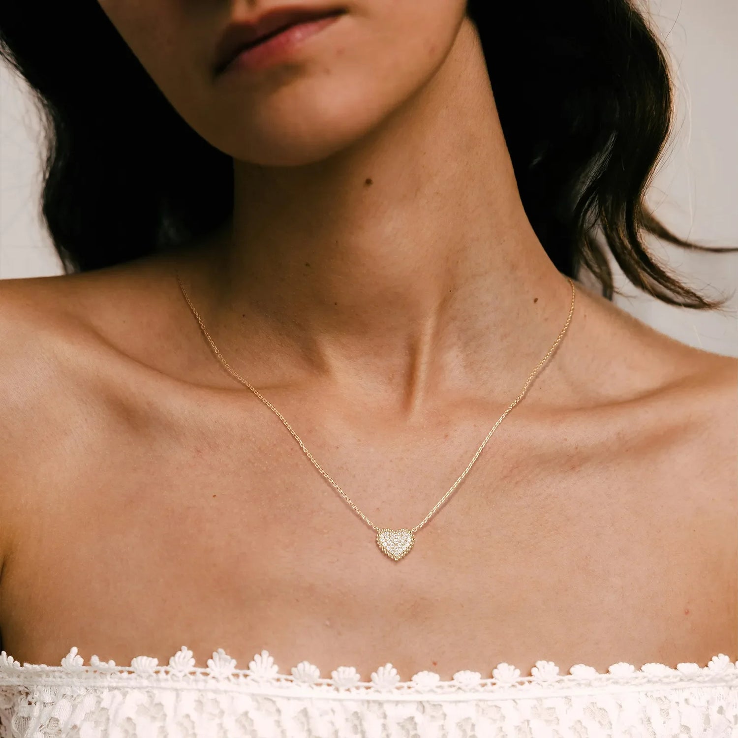 Lab Grown Diamond Beaded Heart Necklace in 14K Solid Gold/Platinum - Necklaces