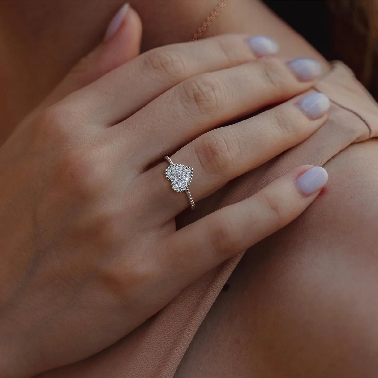Lab Grown Diamond Beaded Heart Ring in 14K White Gold - Rings
