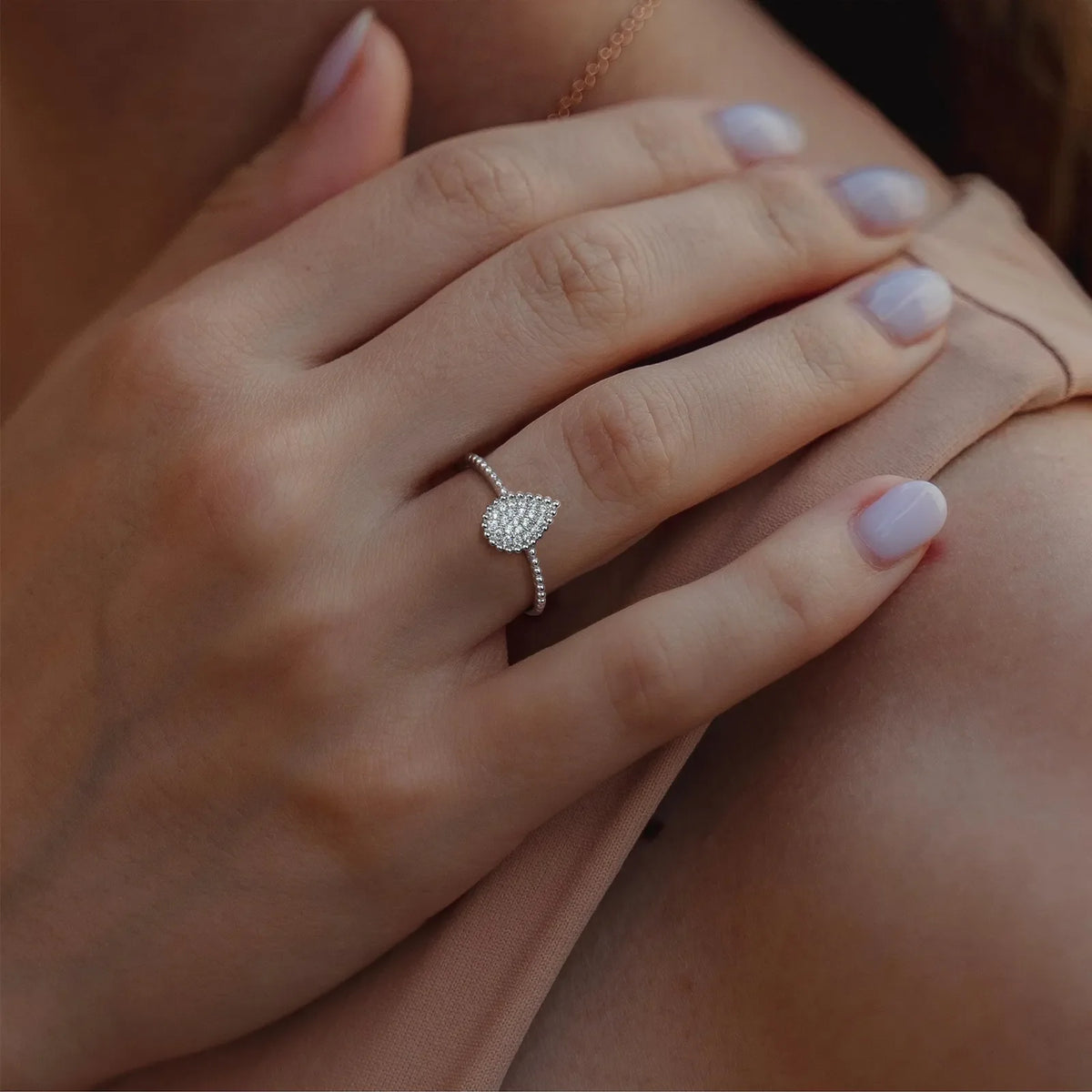 Lab Diamond Beaded Pear Shaped Ring in 14K Gold/Platinum - Rings