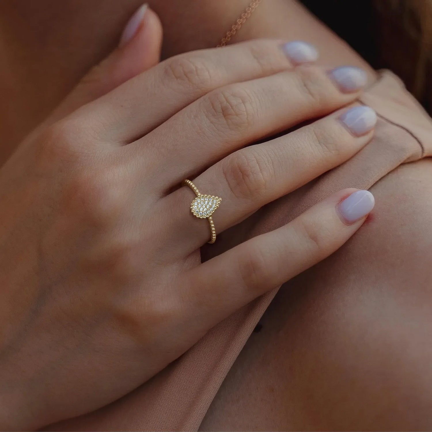Lab Diamond Beaded Pear Shaped Ring in 14K Gold/Platinum - Rings