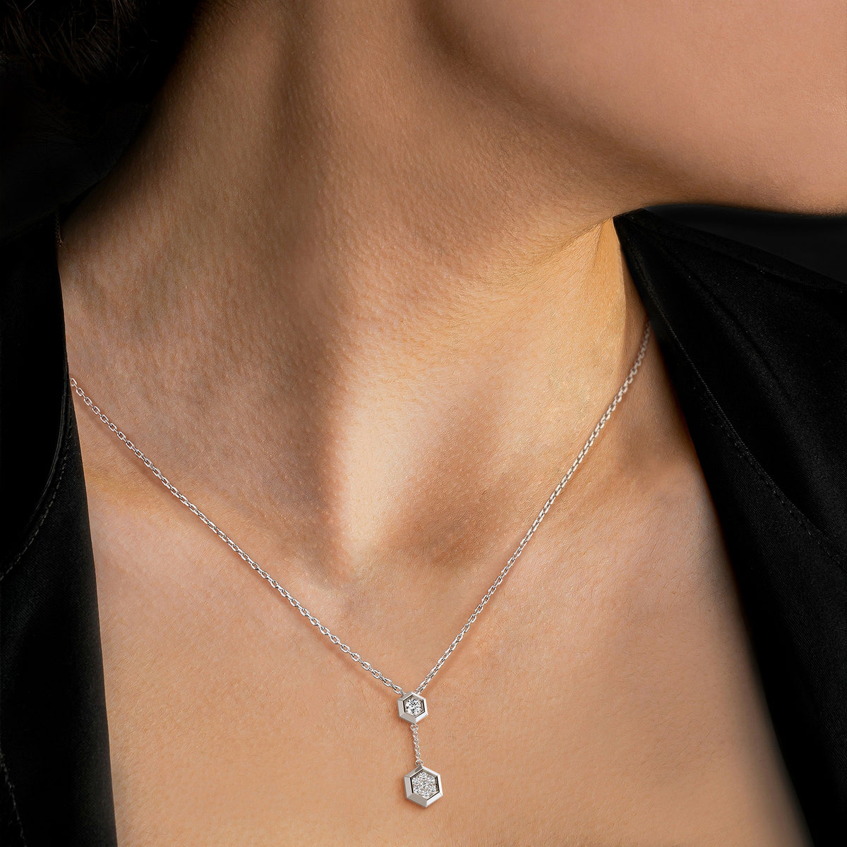 Lab Grown Diamond Double Hexagon Necklace in 14K Solid Gold/Platinum - Necklaces