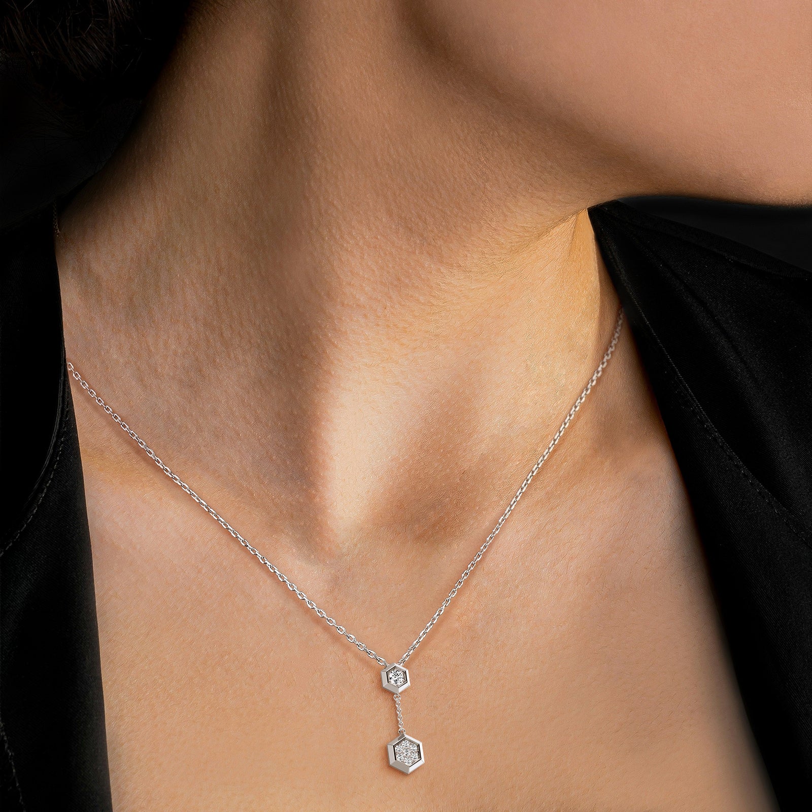 Lab Grown Diamond Double Hexagon Necklace in 14K Solid Gold/Platinum - Necklaces