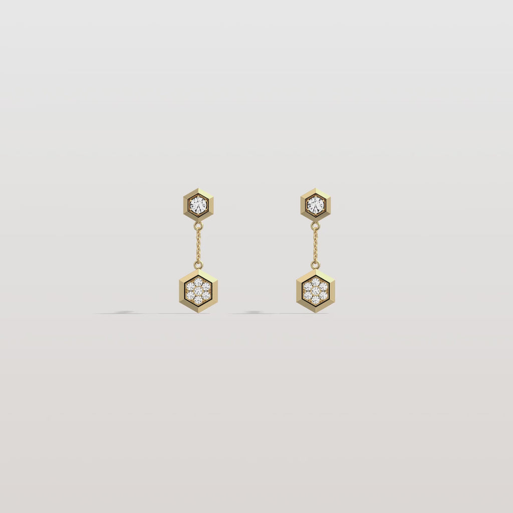 rendering video of a yellow gold Lab Dimaond Hexagon shaped Drop Earrings